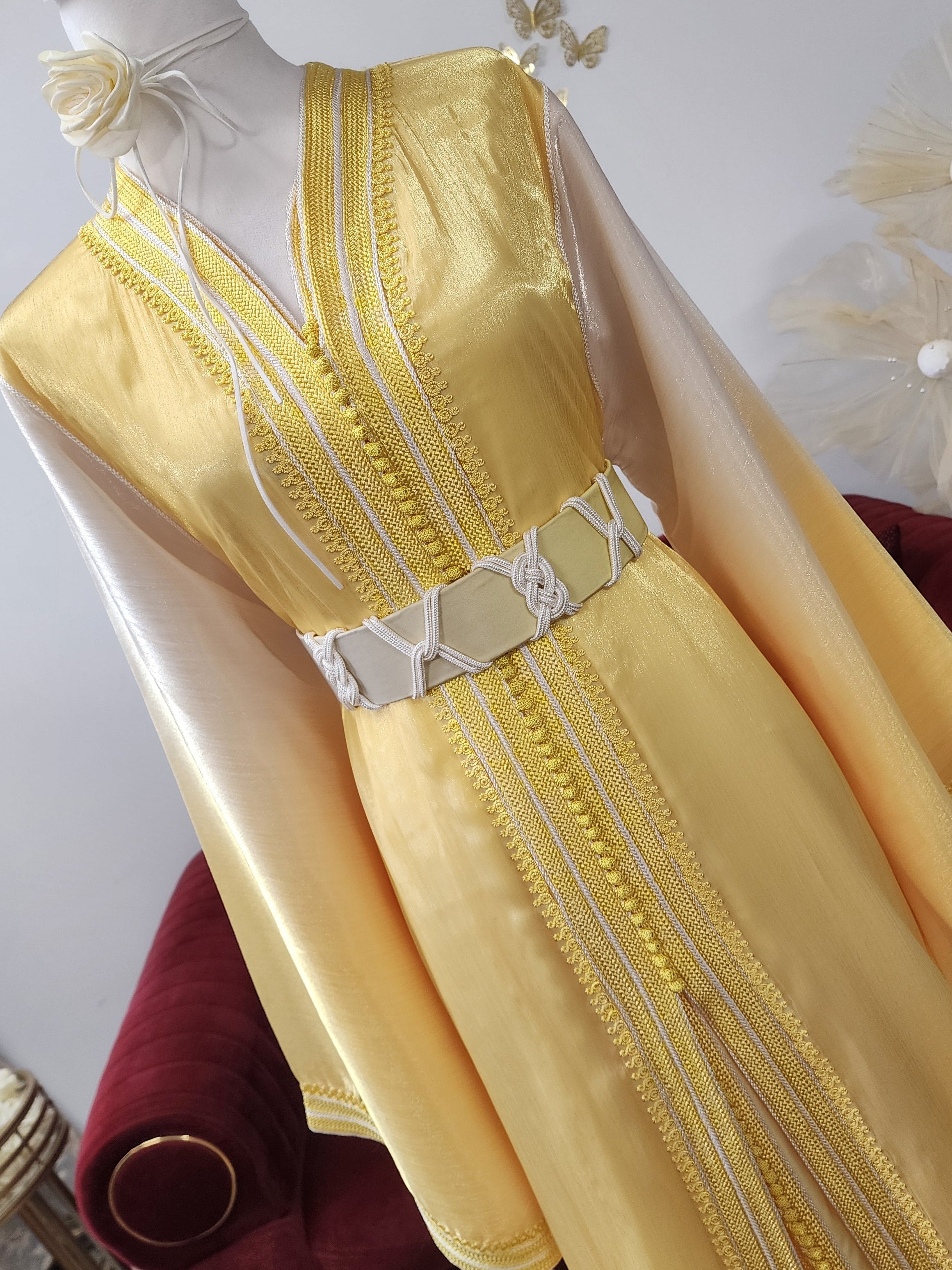 Luxury yellow gradient Moroccan caftan crafted from premium organza with silk satin lining and handcrafted double sfifa. Made in Morocco. Available in Canada & USA