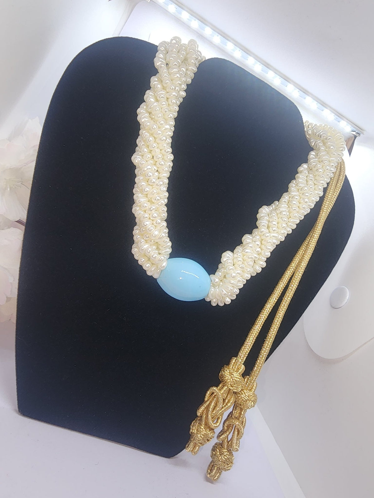 white pearl twisted necklace blue stone1 montreal maison farhat