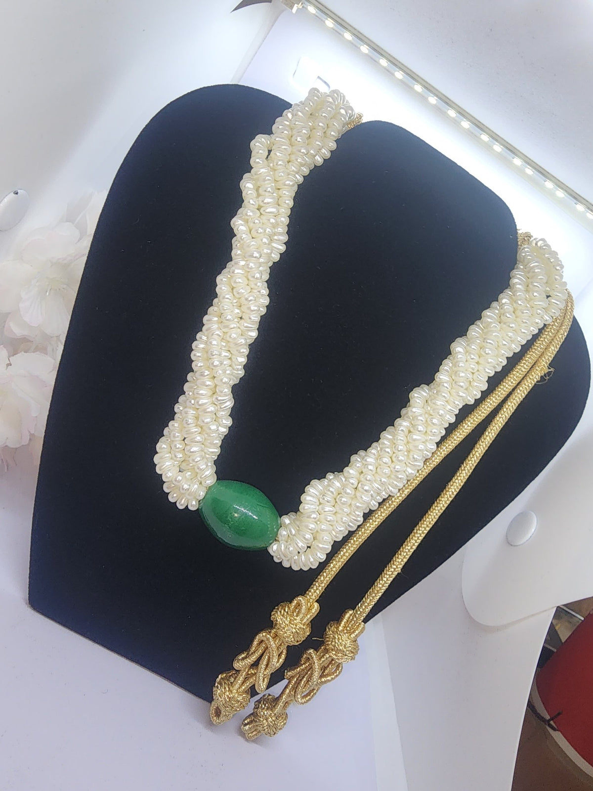 white pearl twisted necklace green stone1 montreal maison farhat