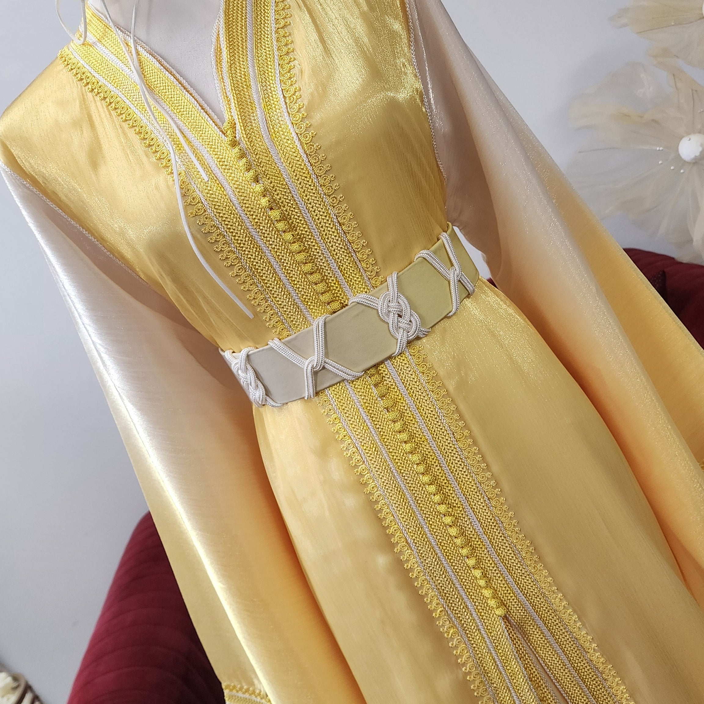 Luxury yellow gradient Moroccan caftan crafted from premium organza with silk satin lining and handcrafted double sfifa. Made in Morocco. Available in Canada & USA