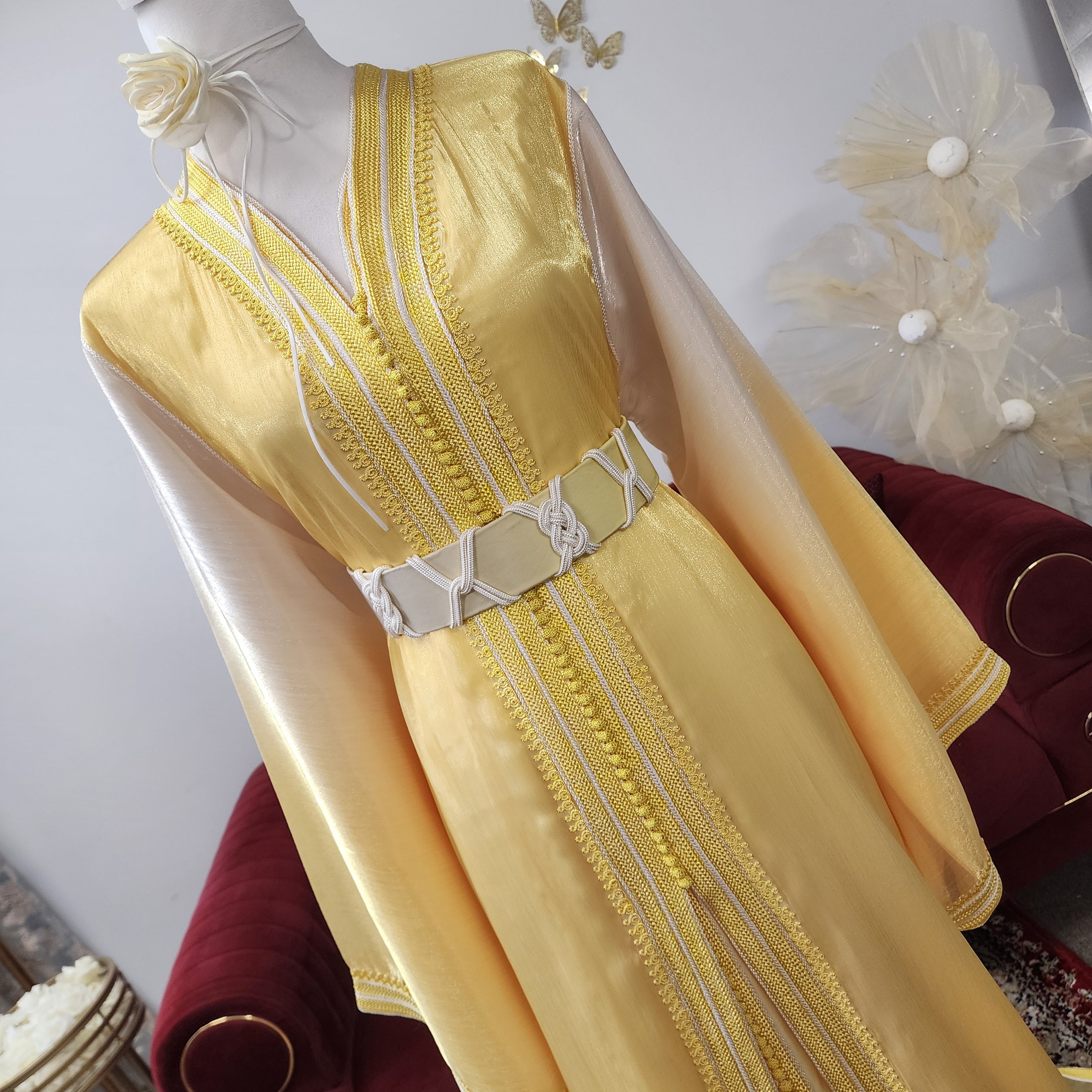 Luxury yellow gradient Moroccan caftan crafted from premium organza with silk satin lining and handcrafted double sfifa. Made in Morocco. Available in Canada & USA