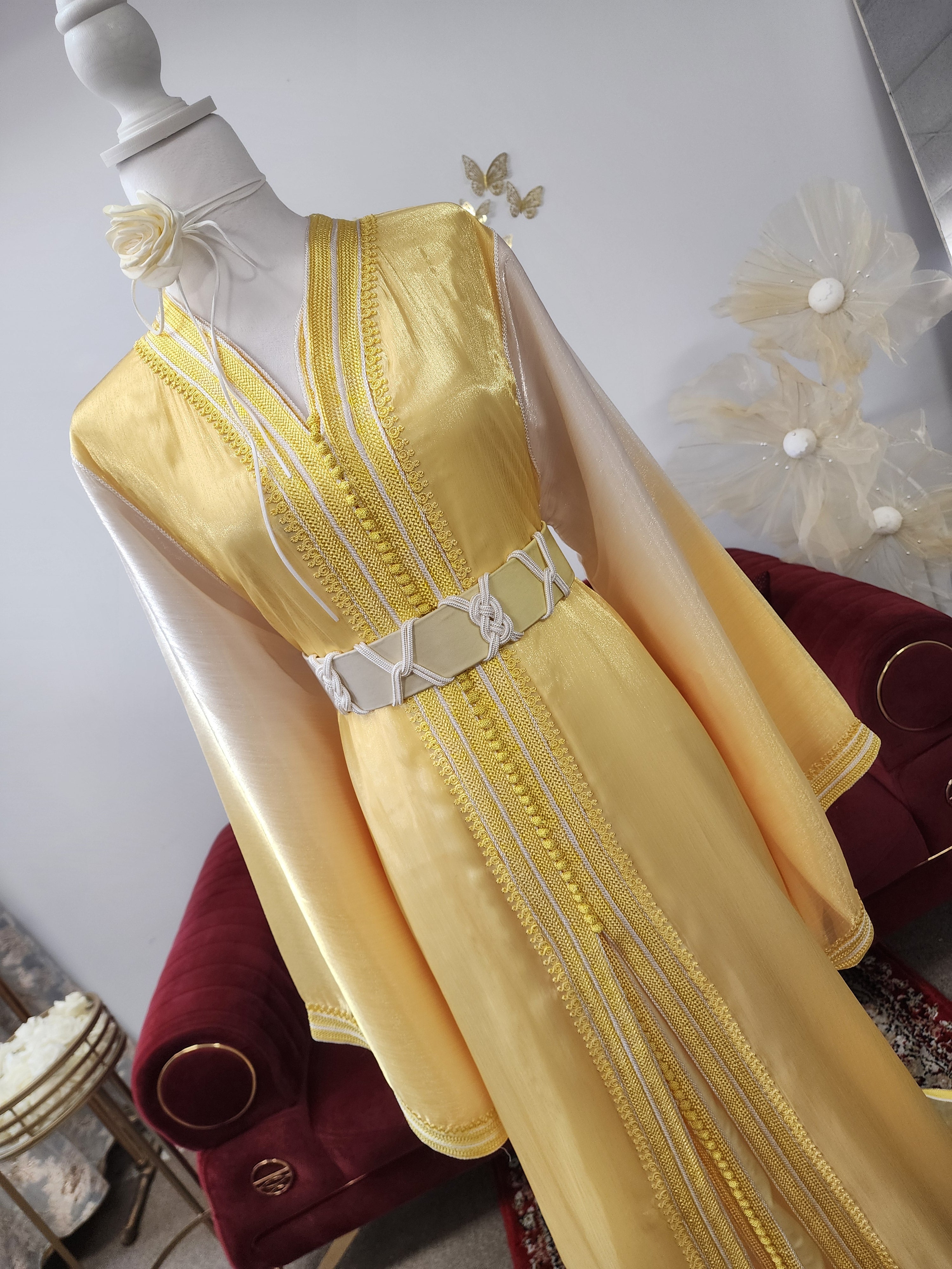 Luxury yellow gradient Moroccan caftan crafted from premium organza with silk satin lining and handcrafted double sfifa. Made in Morocco. Available in Canada & USA