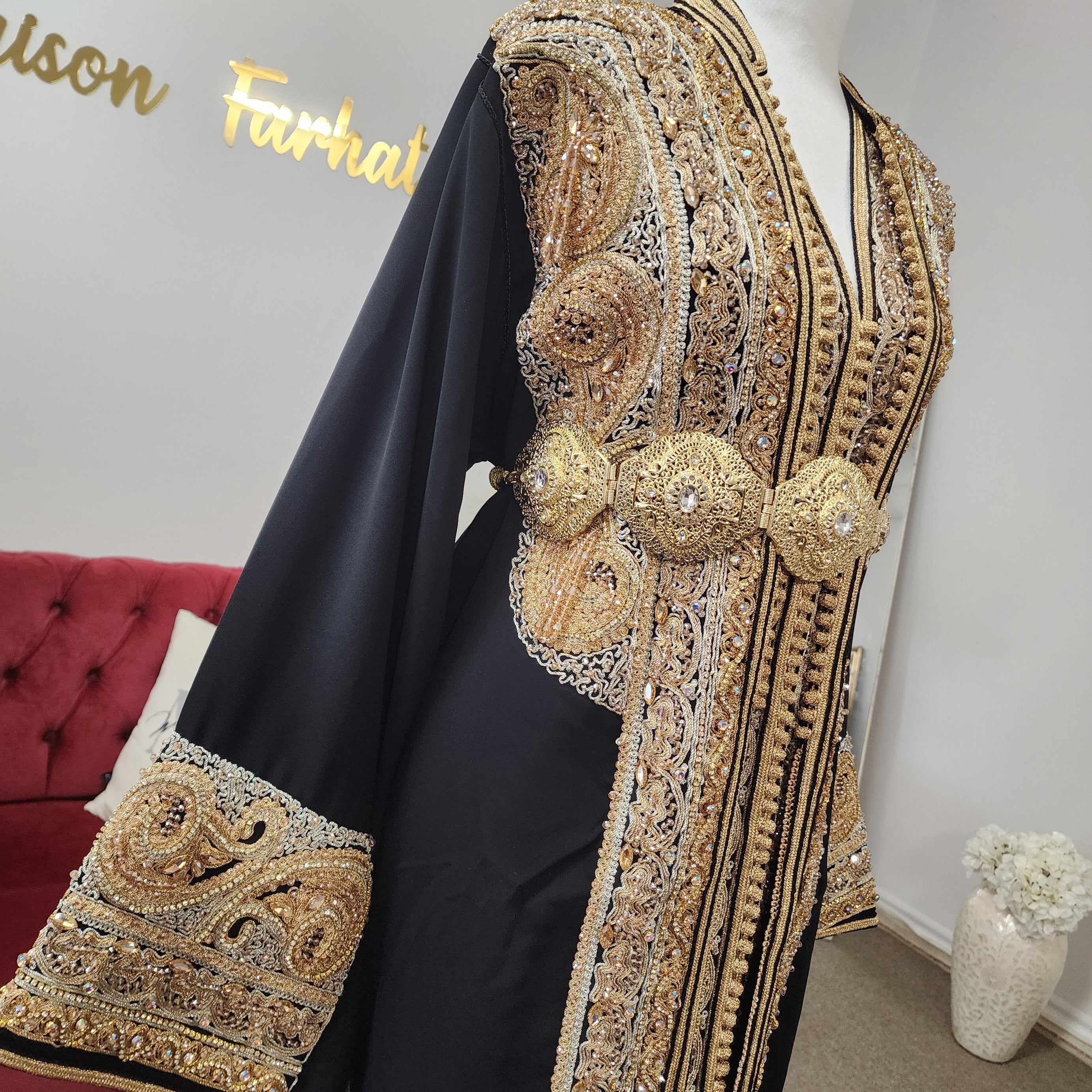 Luxury black Moroccan caftan handcrafted in Morocco with hand-beaded gold and silver embroidery, silk crepe fabric, matching belt, available in Canada and USA by Maison Farhat