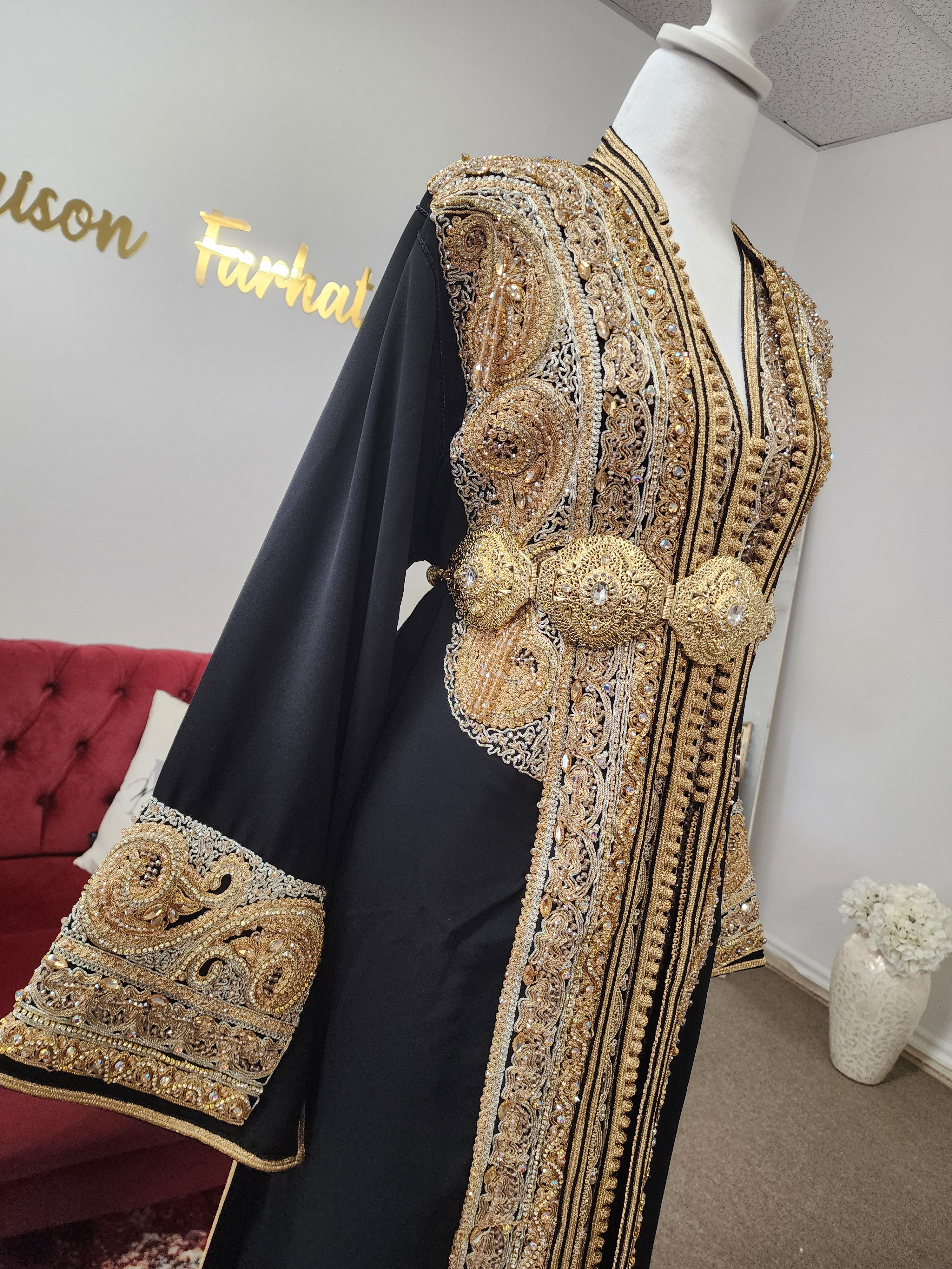 Luxury black Moroccan caftan handcrafted in Morocco with hand-beaded gold and silver embroidery, silk crepe fabric, matching belt, available in Canada and USA by Maison Farhat