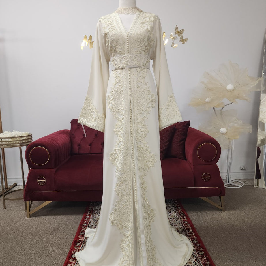 Maison Farhat – Caftan Ivoire Impérial – Broderies ton sur ton – vue 1