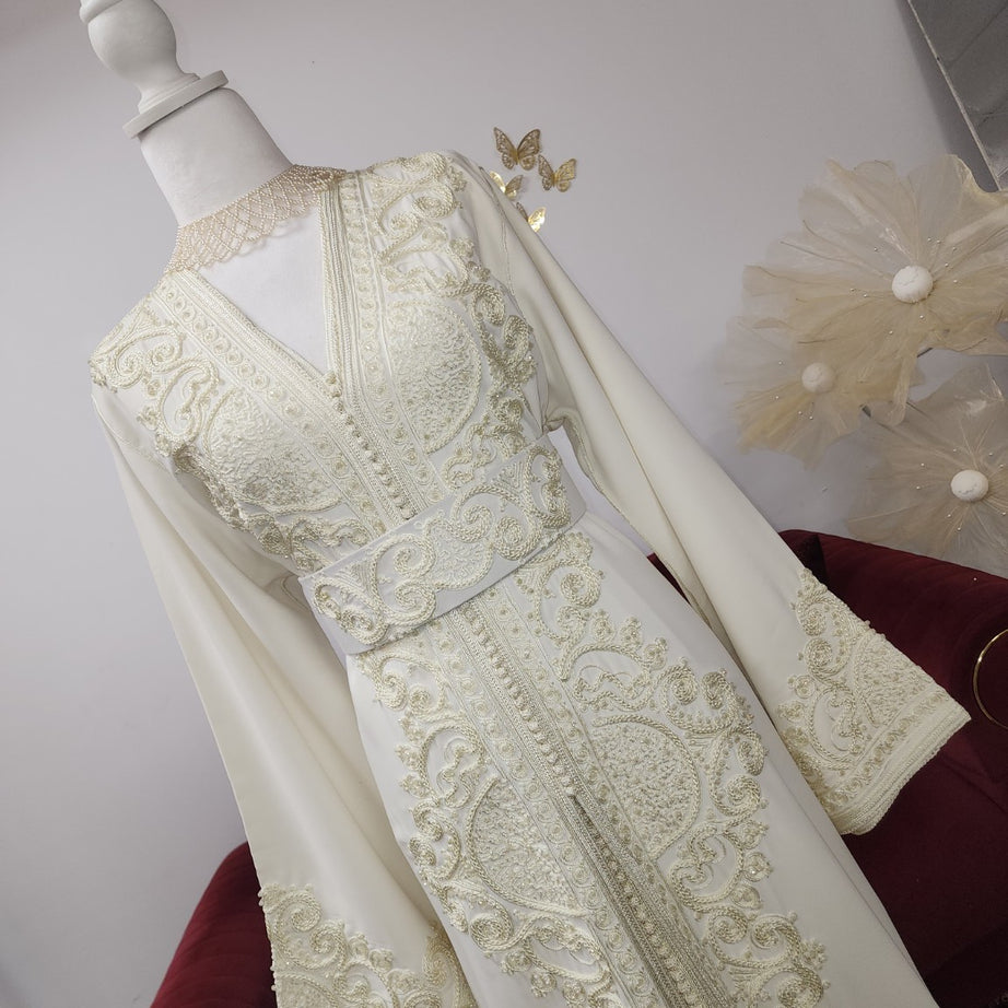 Maison Farhat – Caftan Ivoire Impérial – Broderies ton sur ton – vue 5