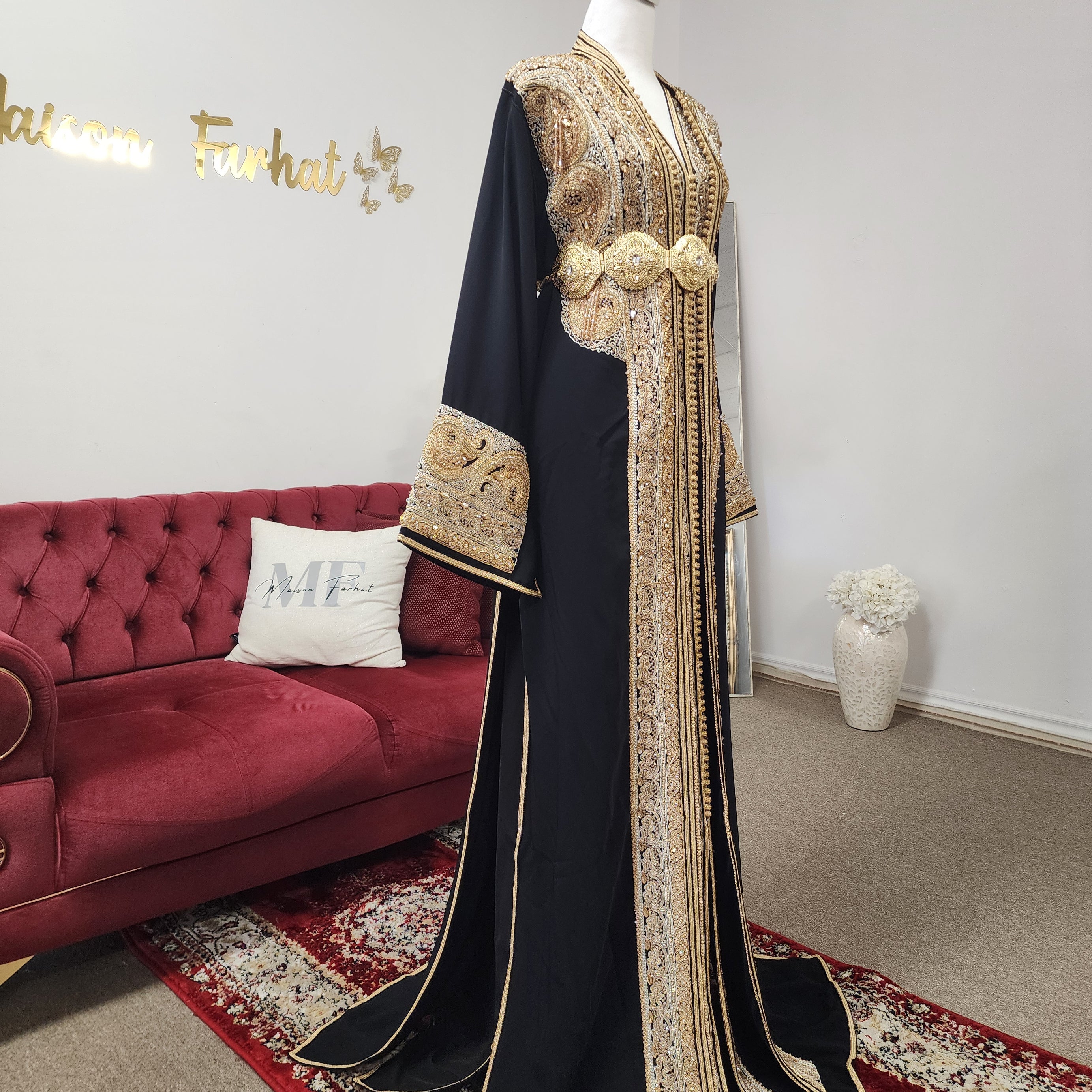 Luxury black Moroccan caftan handcrafted in Morocco with hand-beaded gold and silver embroidery, silk crepe fabric, matching belt, available in Canada and USA by Maison Farhat