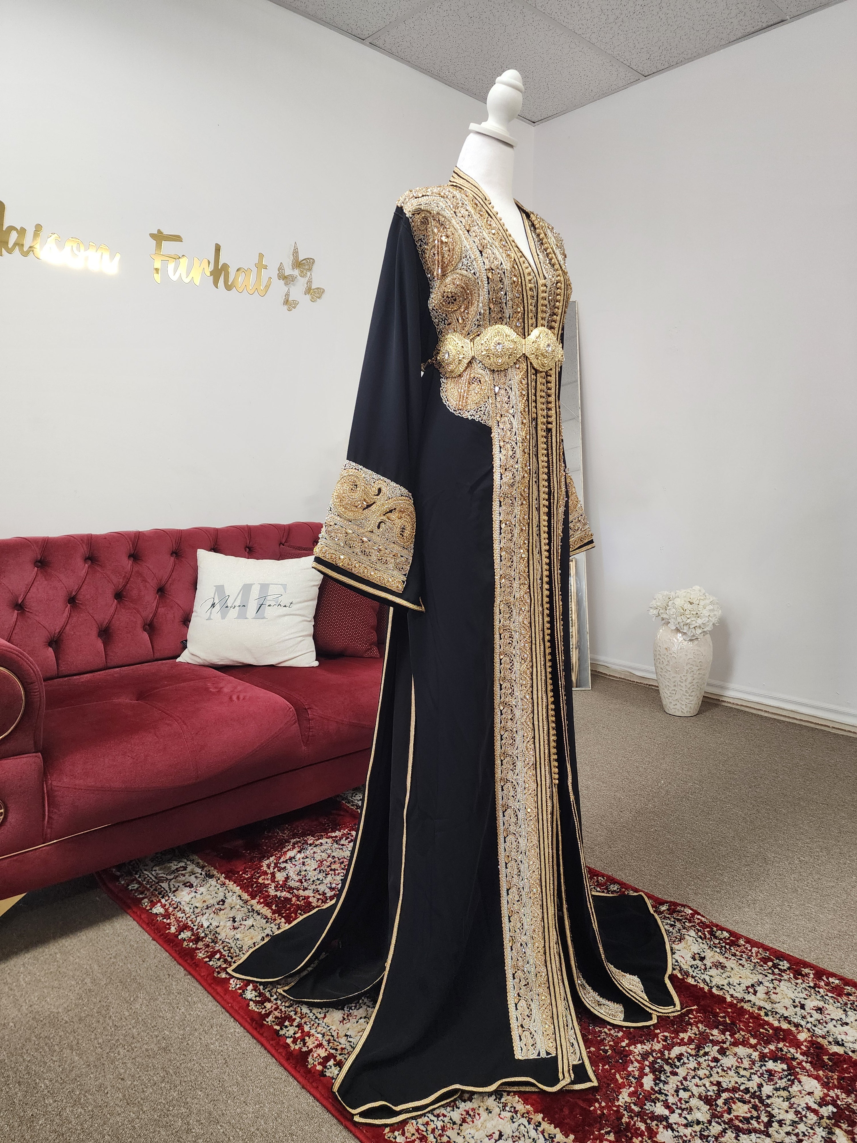 Luxury black Moroccan caftan handcrafted in Morocco with hand-beaded gold and silver embroidery, silk crepe fabric, matching belt, available in Canada and USA by Maison Farhat