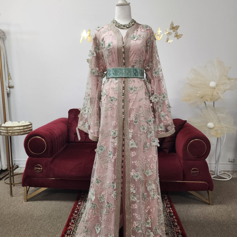Maison Farhat – Caftan Jardin de Sauge – Rose poudré – vue 1
