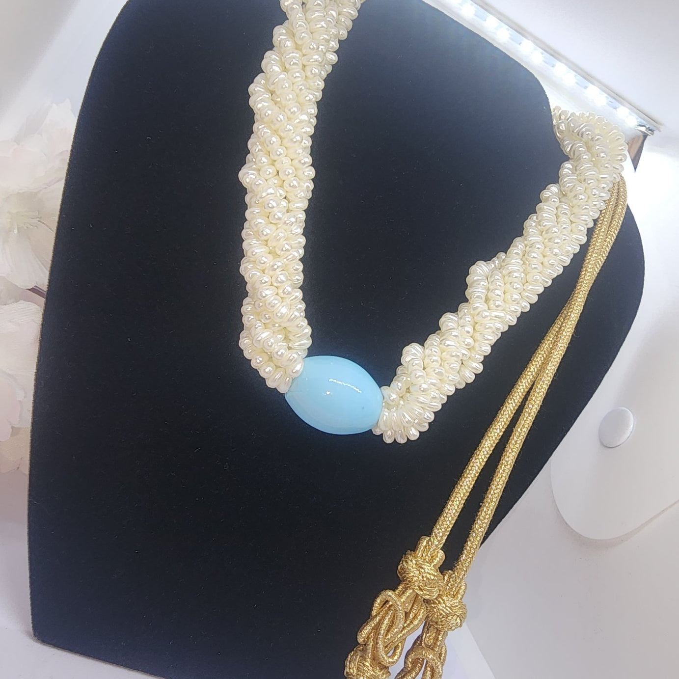 white pearl twisted necklace blue stone1 montreal maison farhat