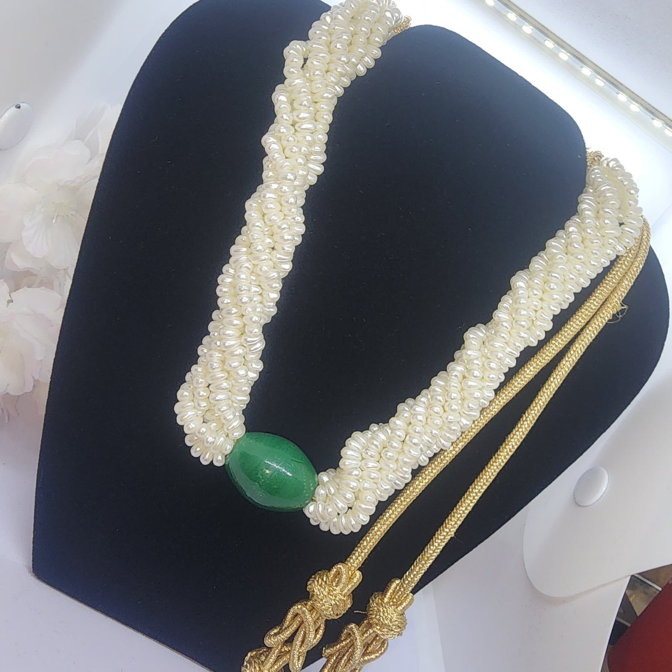 white pearl twisted necklace green stone1 montreal maison farhat